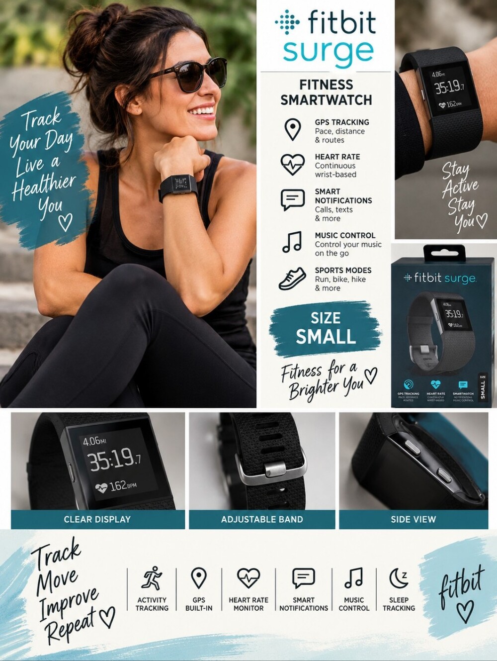 New Fitbit surge size small black fitness tracking watch #35